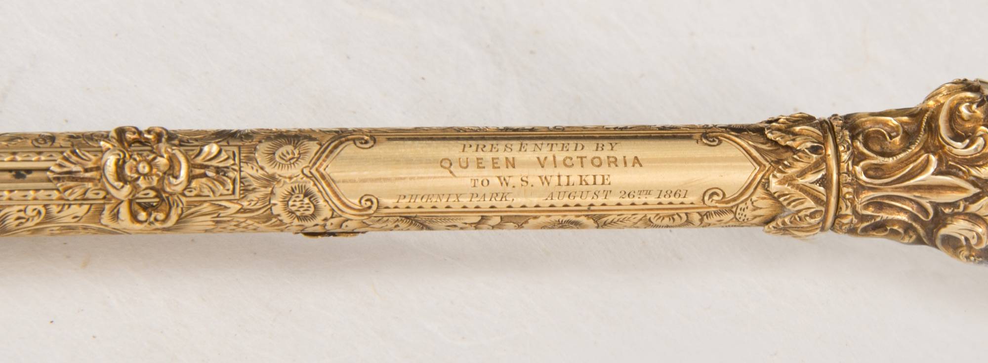 Gold pen presented by Queen Victoria to W.S. Wilkie, bailiff of the Phoenix Park, 1861